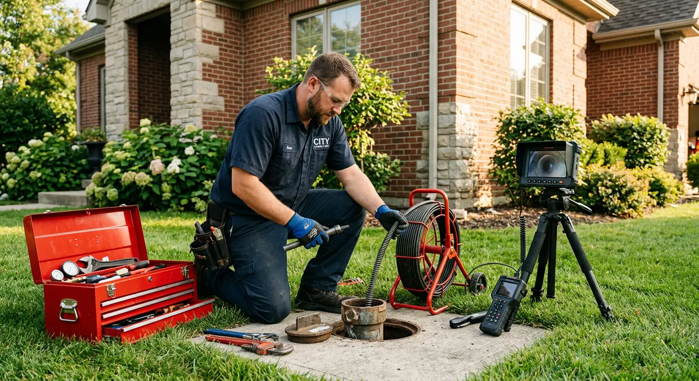 Sewer specialist with camera equipment servicing a cleanout in Fairview Heights