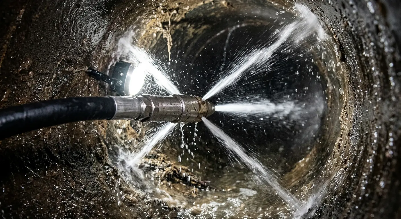 High-pressure hydro jetting nozzle cleaning sewer pipe for Trenchless Sewer Repair in Fairview Heights