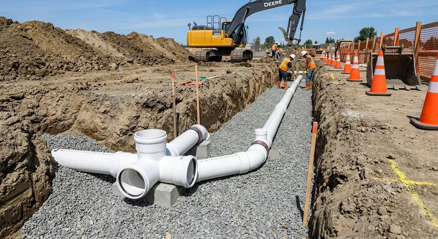 New PVC sewer pipe installation in open trench for Commercial Drain Cleaning in Fairview Heights