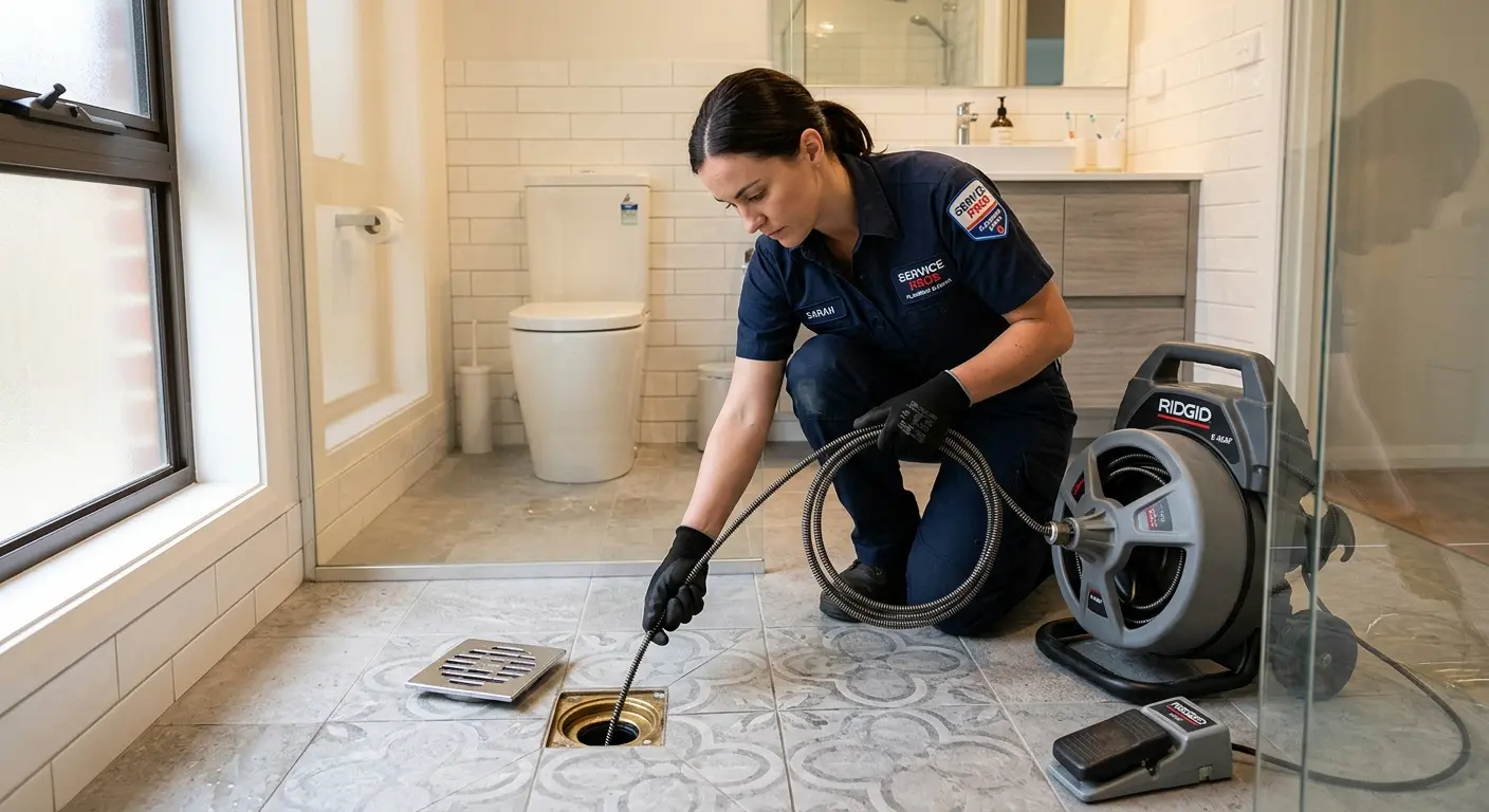 Technician clearing a bathroom floor drain for Clogged Drain Repair in Fairview Heights